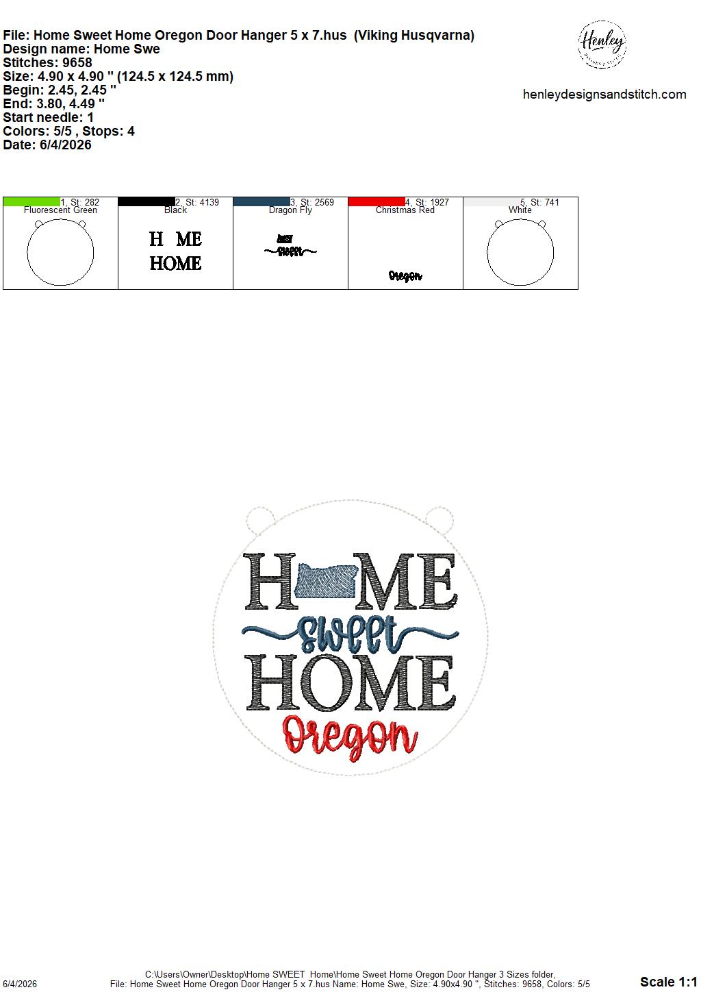 Home Sweet Home – Oregon – DOOR HANGER – 5 x 7, 8 x 8, and 6 x 10 In The Hoop – DIGITAL Embroidery DESIGN