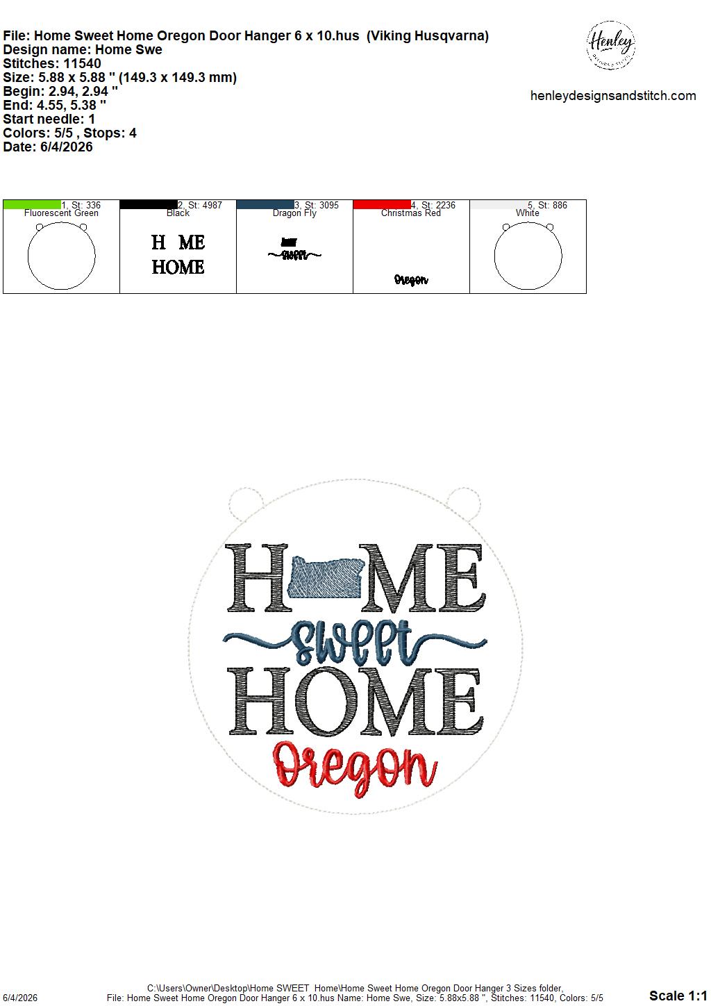 Home Sweet Home – Oregon – DOOR HANGER – 5 x 7, 8 x 8, and 6 x 10 In The Hoop – DIGITAL Embroidery DESIGN