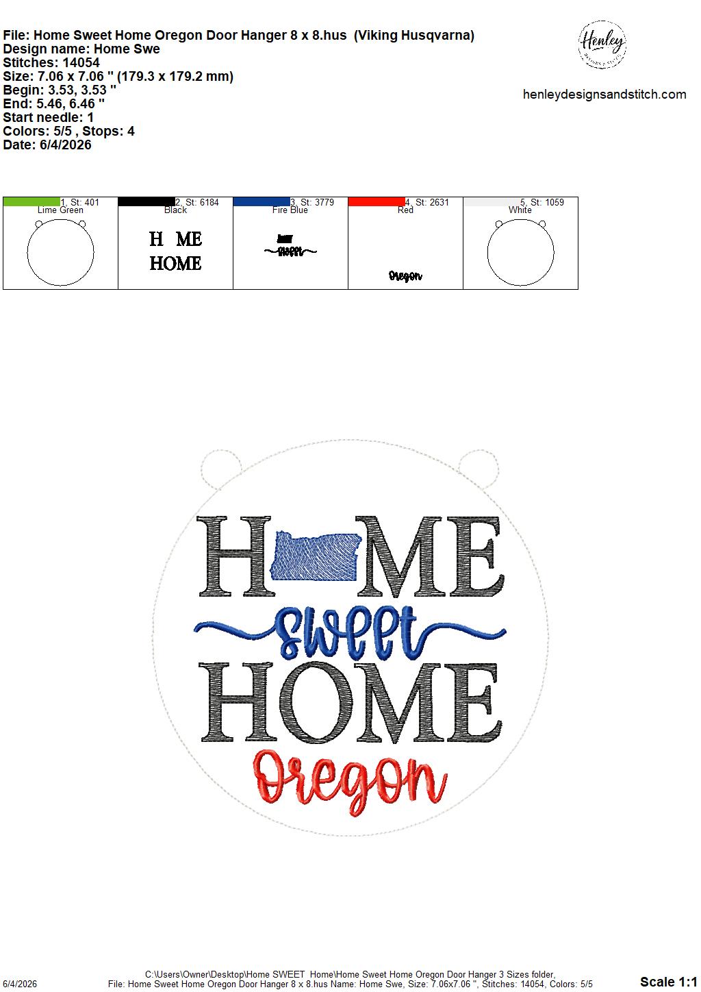 Home Sweet Home – Oregon – DOOR HANGER – 5 x 7, 8 x 8, and 6 x 10 In The Hoop – DIGITAL Embroidery DESIGN