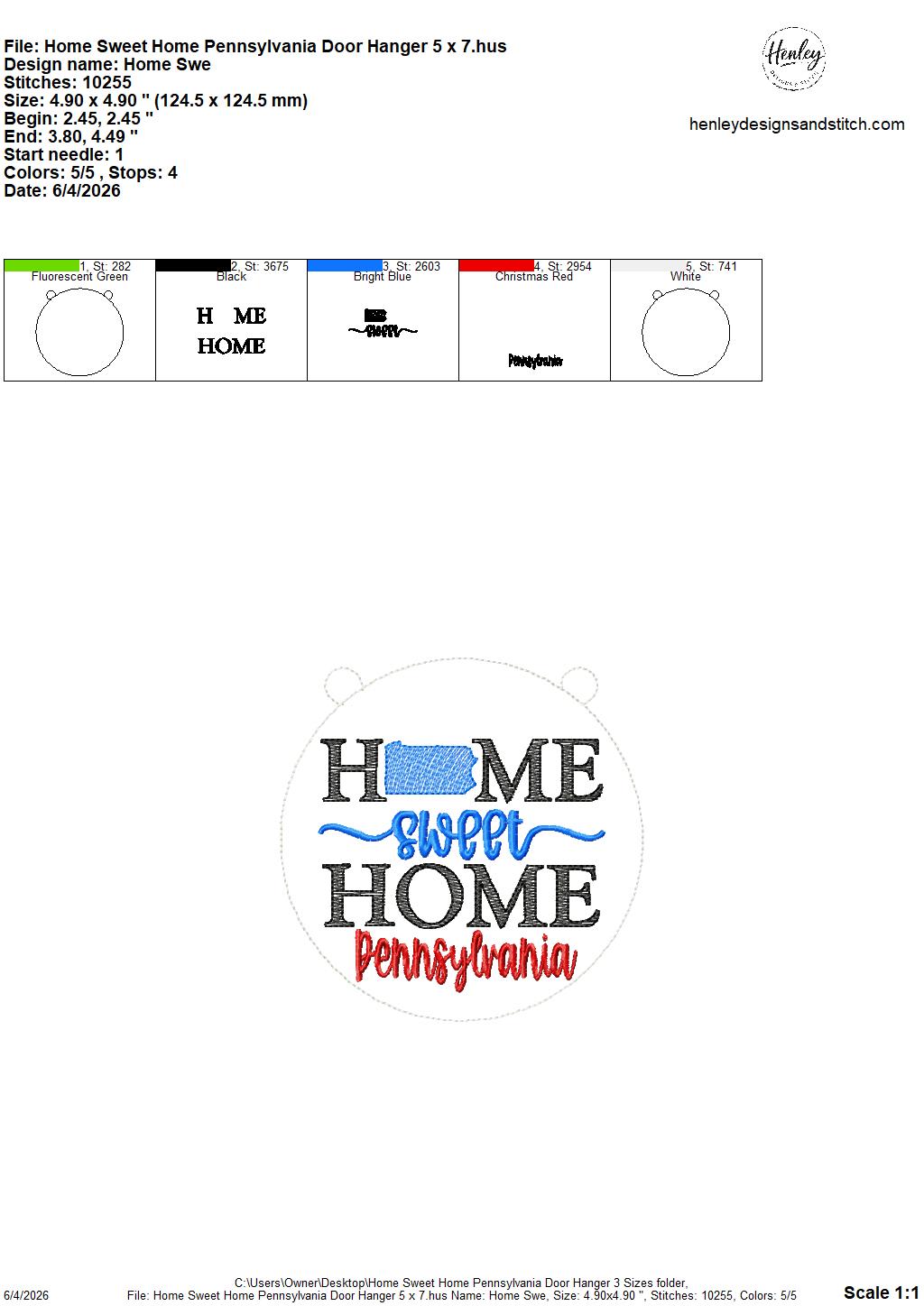 Home Sweet Home – Pennsylvania – DOOR HANGER – 5 x 7, 8 x 8, and 6 x 10 In The Hoop – DIGITAL Embroidery DESIGN
