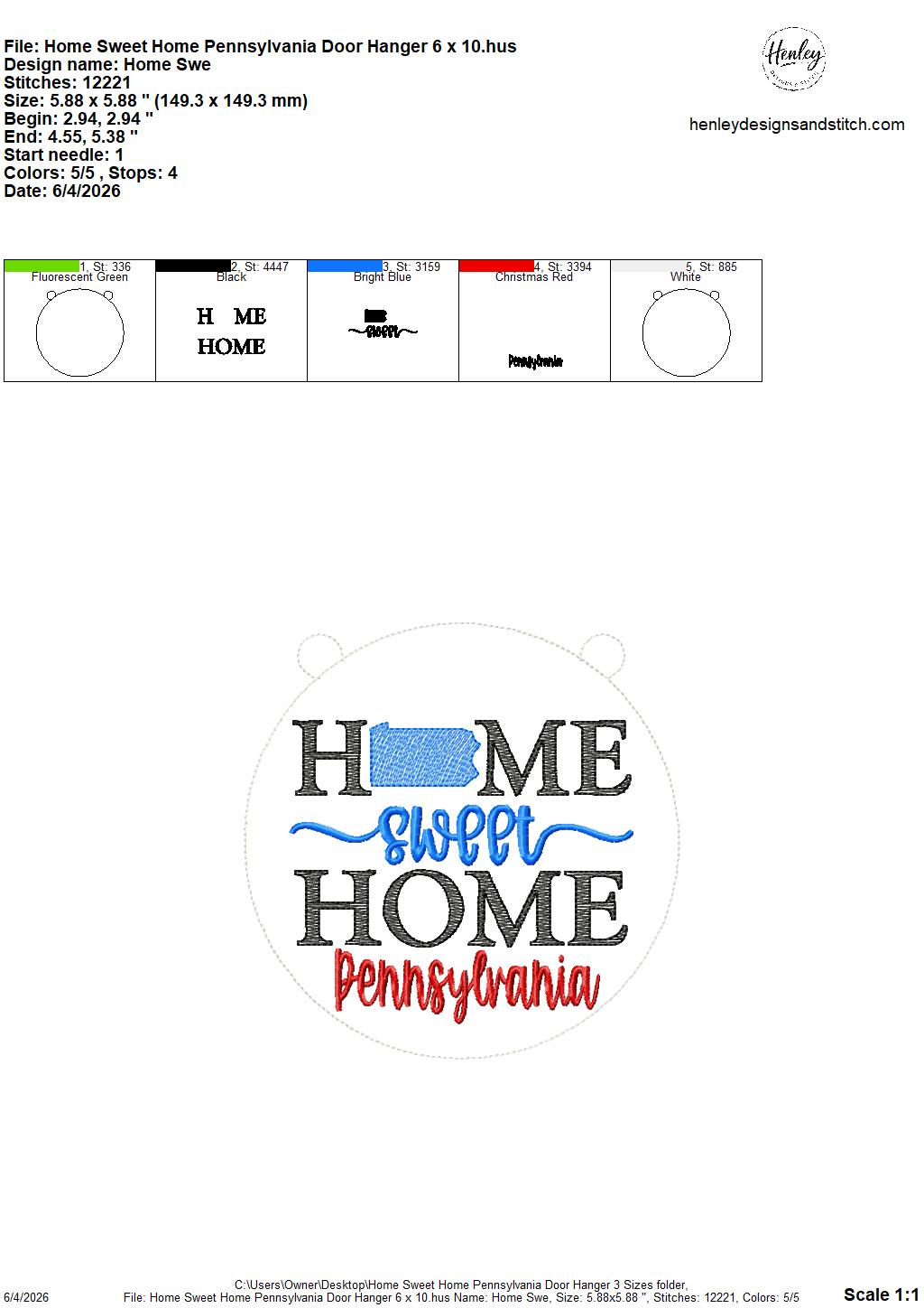 Home Sweet Home – Pennsylvania – DOOR HANGER – 5 x 7, 8 x 8, and 6 x 10 In The Hoop – DIGITAL Embroidery DESIGN