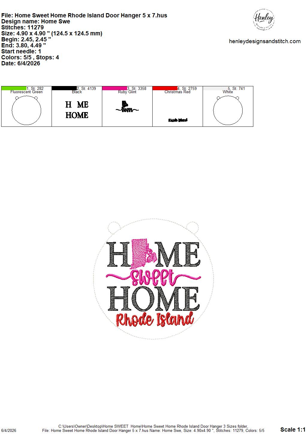 Home Sweet Home – Rhode Island – DOOR HANGER – 5 x 7, 8 x 8, and 6 x 10 In The Hoop – DIGITAL Embroidery DESIGN