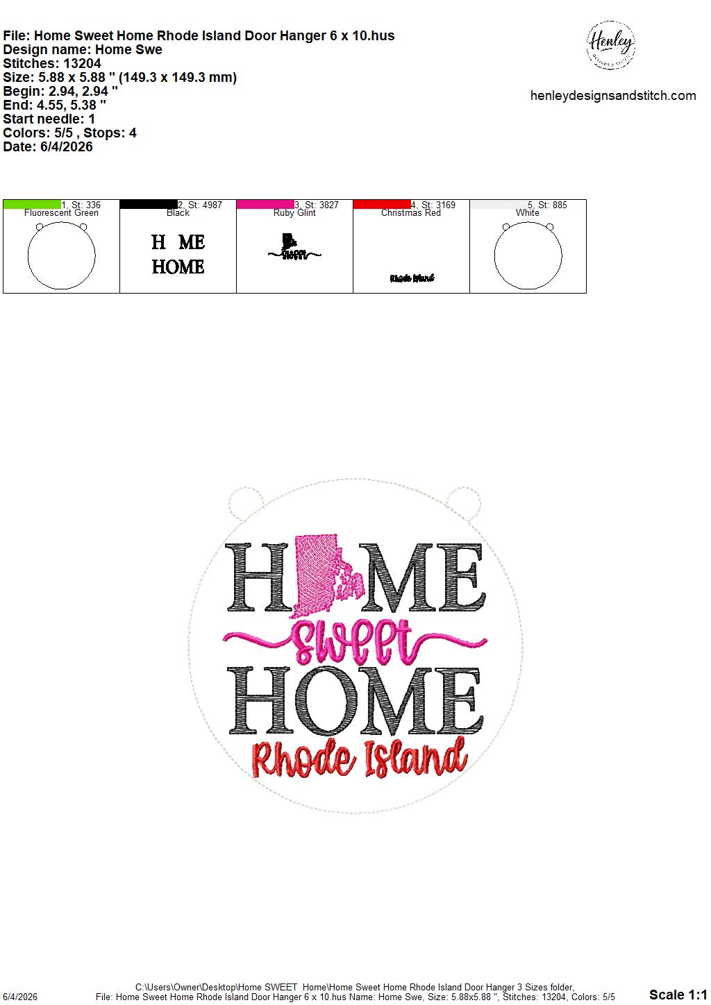 Home Sweet Home – Rhode Island – DOOR HANGER – 5 x 7, 8 x 8, and 6 x 10 In The Hoop – DIGITAL Embroidery DESIGN