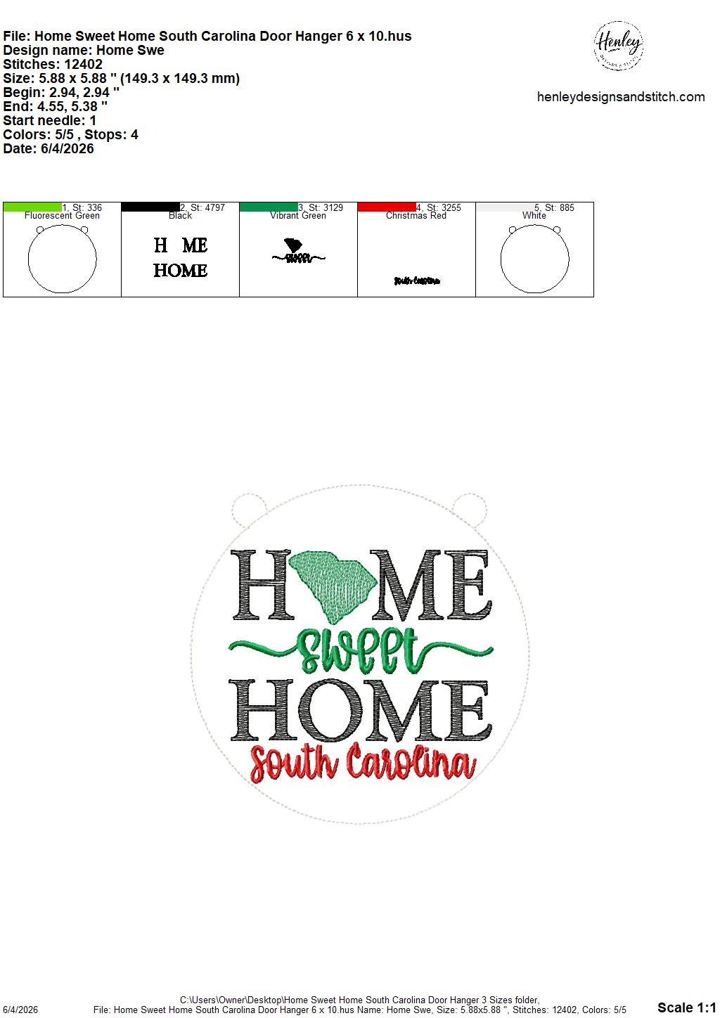 Home Sweet Home – South Carolina – DOOR HANGER – 5 x 7, 8 x 8, and 6 x 10 In The Hoop – DIGITAL Embroidery DESIGN
