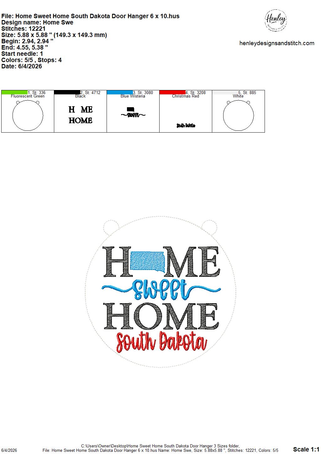Home Sweet Home – South Dakota – DOOR HANGER – 5 x 7, 8 x 8, and 6 x 10 In The Hoop – DIGITAL Embroidery DESIGN