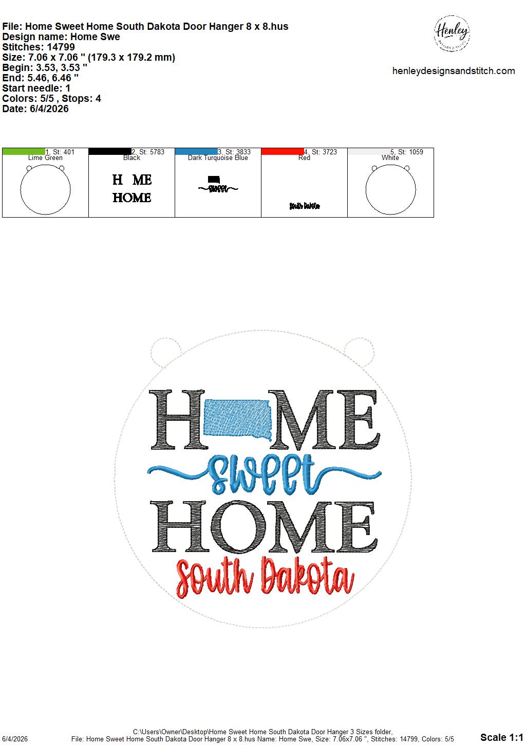Home Sweet Home – South Dakota – DOOR HANGER – 5 x 7, 8 x 8, and 6 x 10 In The Hoop – DIGITAL Embroidery DESIGN