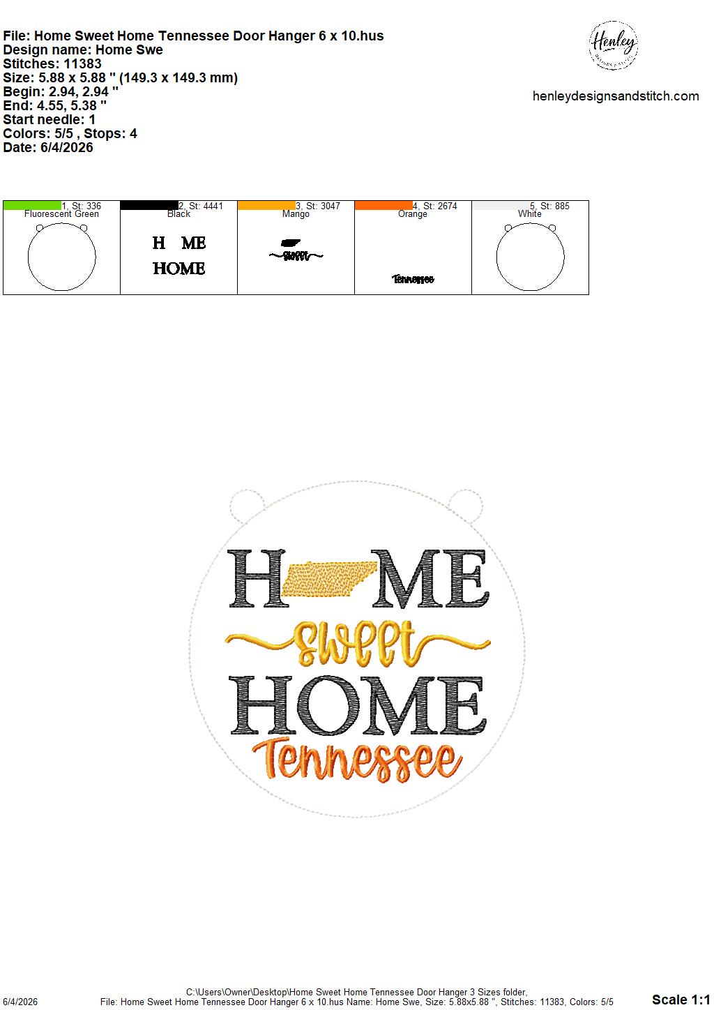 Home Sweet Home – Tennessee – DOOR HANGER – 5 x 7, 8 x 8, and 6 x 10 In The Hoop – DIGITAL Embroidery DESIGN