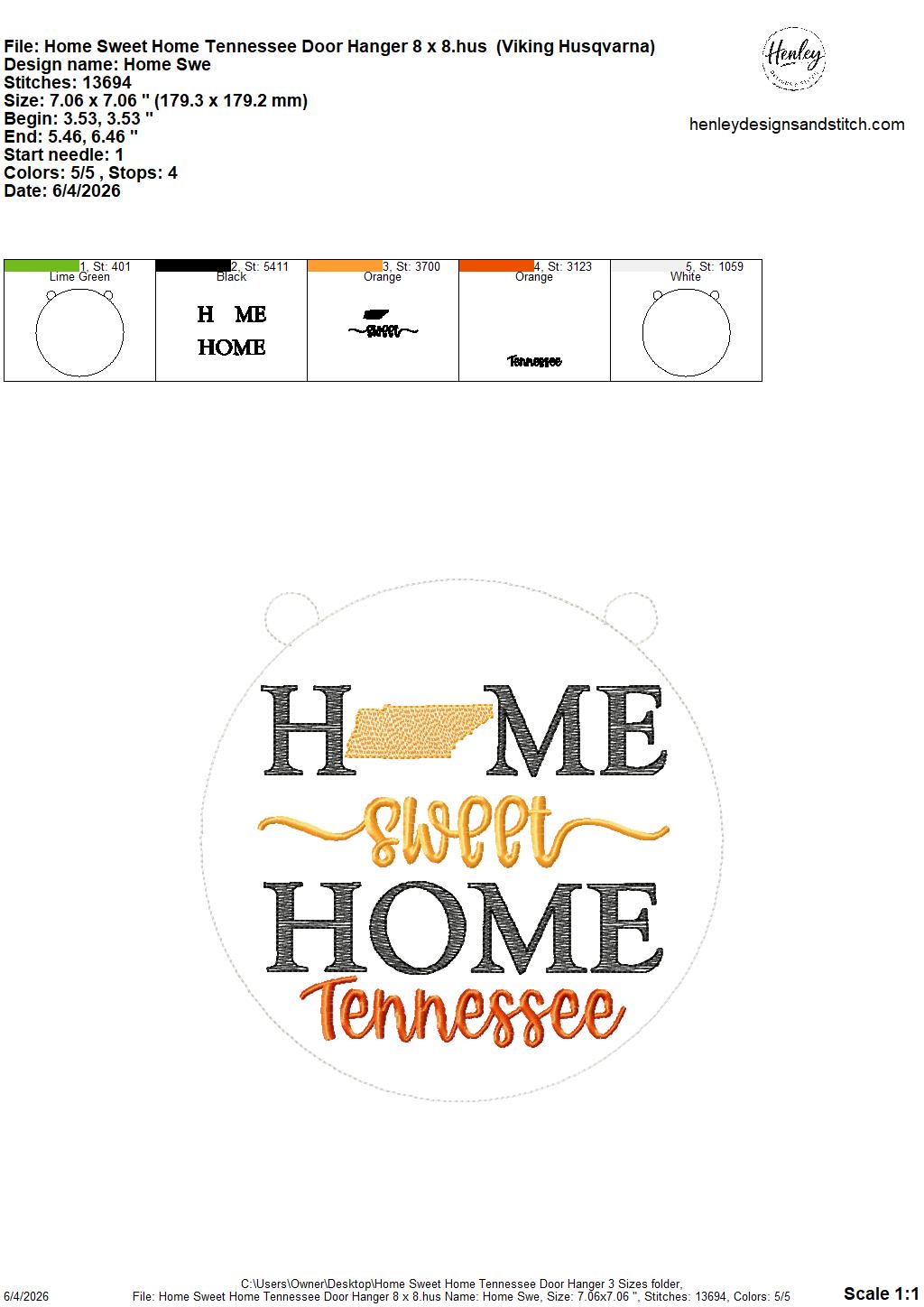 Home Sweet Home – Tennessee – DOOR HANGER – 5 x 7, 8 x 8, and 6 x 10 In The Hoop – DIGITAL Embroidery DESIGN