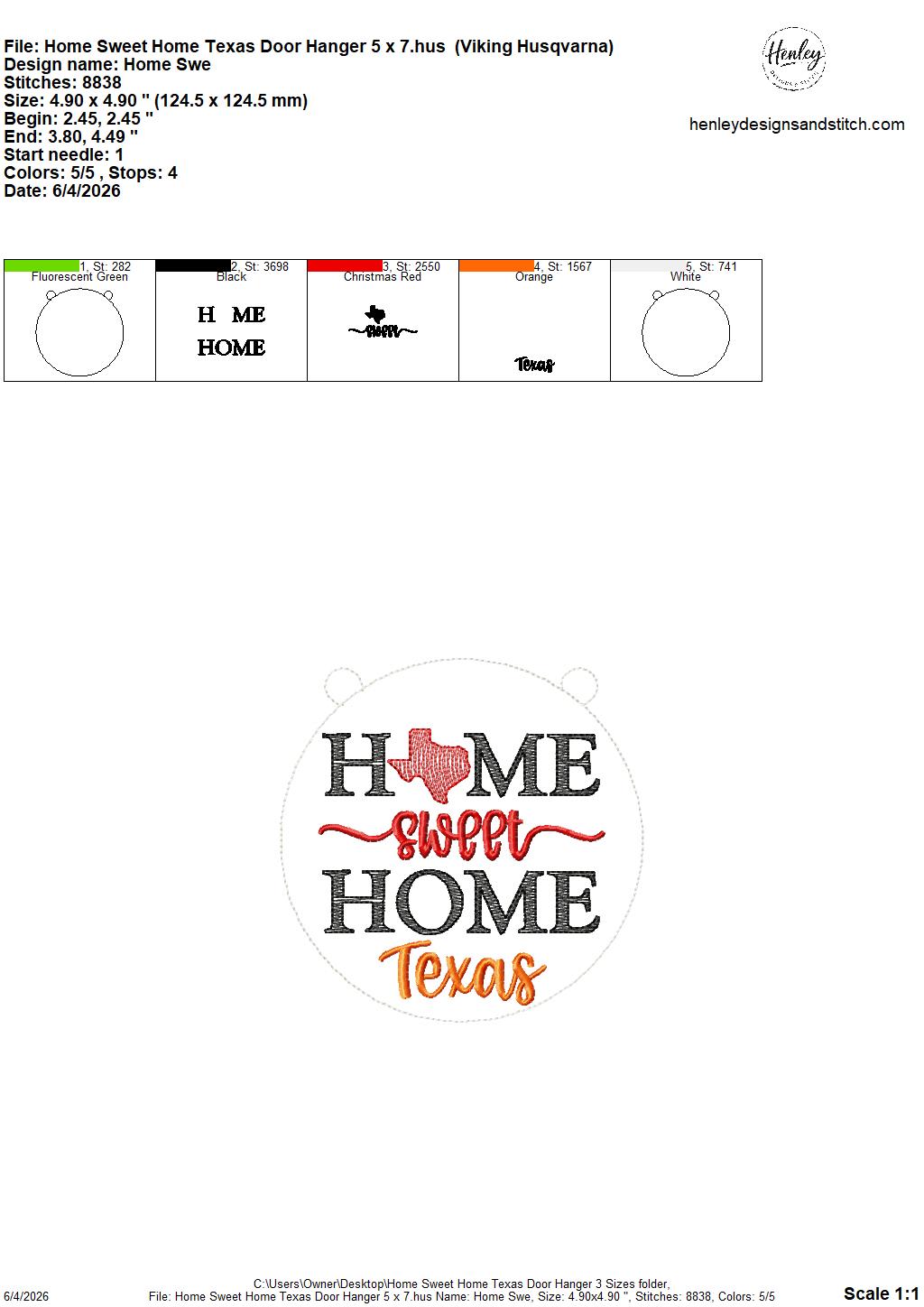 Home Sweet Home – Texas – DOOR HANGER – 5 x 7, 8 x 8, and 6 x 10 In The Hoop – DIGITAL Embroidery DESIGN