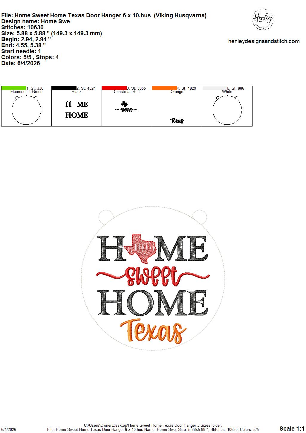 Home Sweet Home – Texas – DOOR HANGER – 5 x 7, 8 x 8, and 6 x 10 In The Hoop – DIGITAL Embroidery DESIGN
