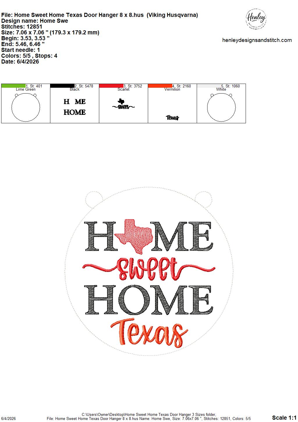 Home Sweet Home – Texas – DOOR HANGER – 5 x 7, 8 x 8, and 6 x 10 In The Hoop – DIGITAL Embroidery DESIGN