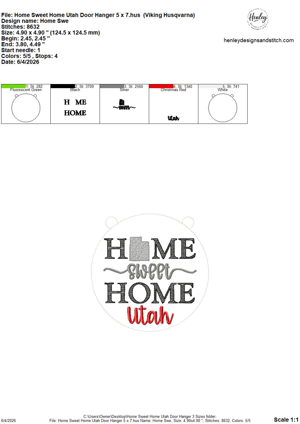 Home Sweet Home – Utah – DOOR HANGER – 5 x 7, 8 x 8, and 6 x 10 In The Hoop – DIGITAL Embroidery DESIGN