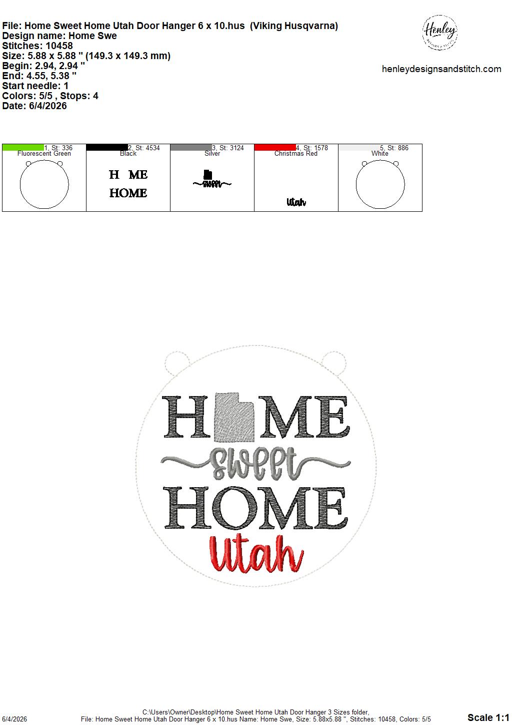 Home Sweet Home – Utah – DOOR HANGER – 5 x 7, 8 x 8, and 6 x 10 In The Hoop – DIGITAL Embroidery DESIGN