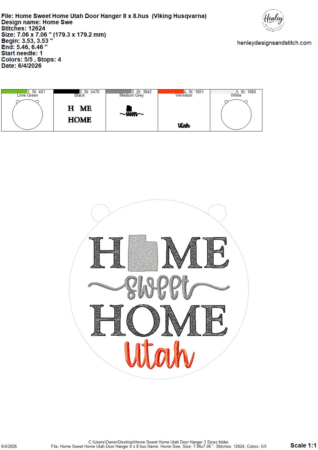 Home Sweet Home – Utah – DOOR HANGER – 5 x 7, 8 x 8, and 6 x 10 In The Hoop – DIGITAL Embroidery DESIGN