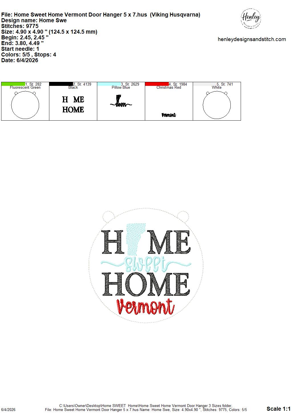 Home Sweet Home – Vermont – DOOR HANGER – 5 x 7, 8 x 8, and 6 x 10 In The Hoop – DIGITAL Embroidery DESIGN