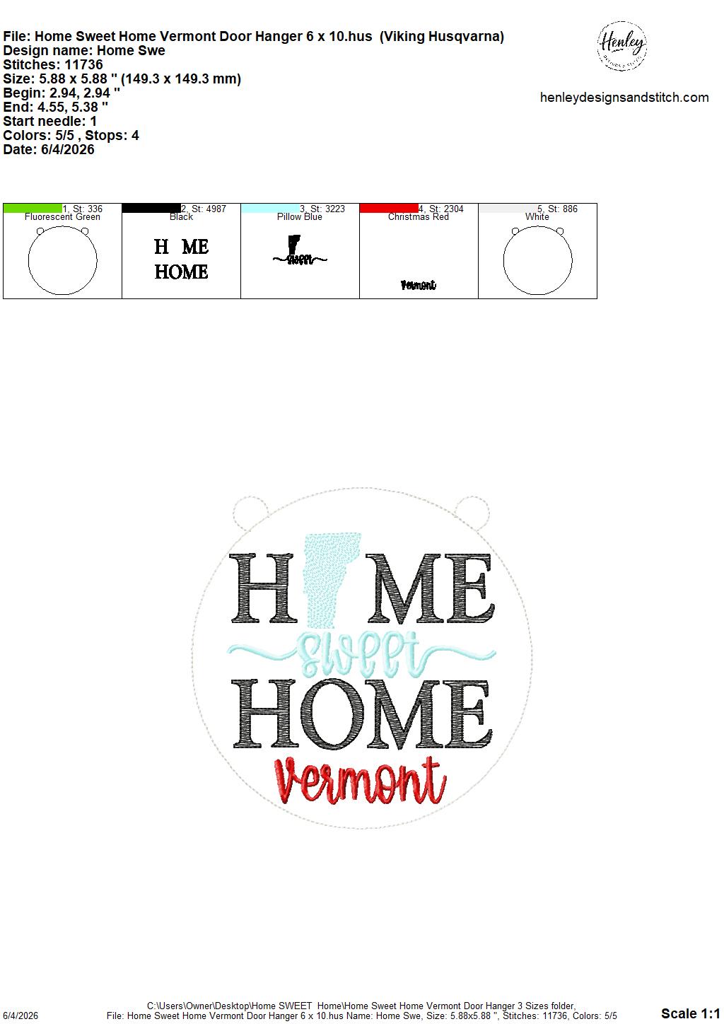 Home Sweet Home – Vermont – DOOR HANGER – 5 x 7, 8 x 8, and 6 x 10 In The Hoop – DIGITAL Embroidery DESIGN