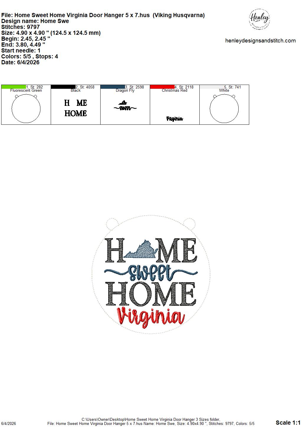 Home Sweet Home – Virginia – DOOR HANGER – 5 x 7, 8 x 8, and 6 x 10 In The Hoop – DIGITAL Embroidery DESIGN