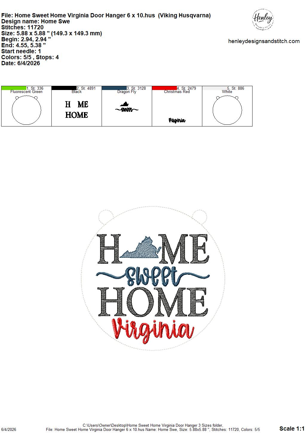 Home Sweet Home – Virginia – DOOR HANGER – 5 x 7, 8 x 8, and 6 x 10 In The Hoop – DIGITAL Embroidery DESIGN