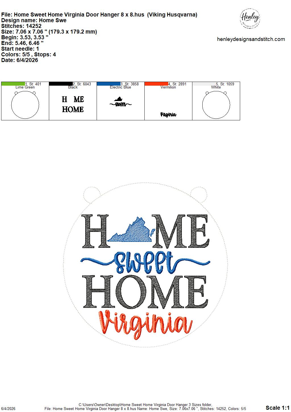Home Sweet Home – Virginia – DOOR HANGER – 5 x 7, 8 x 8, and 6 x 10 In The Hoop – DIGITAL Embroidery DESIGN