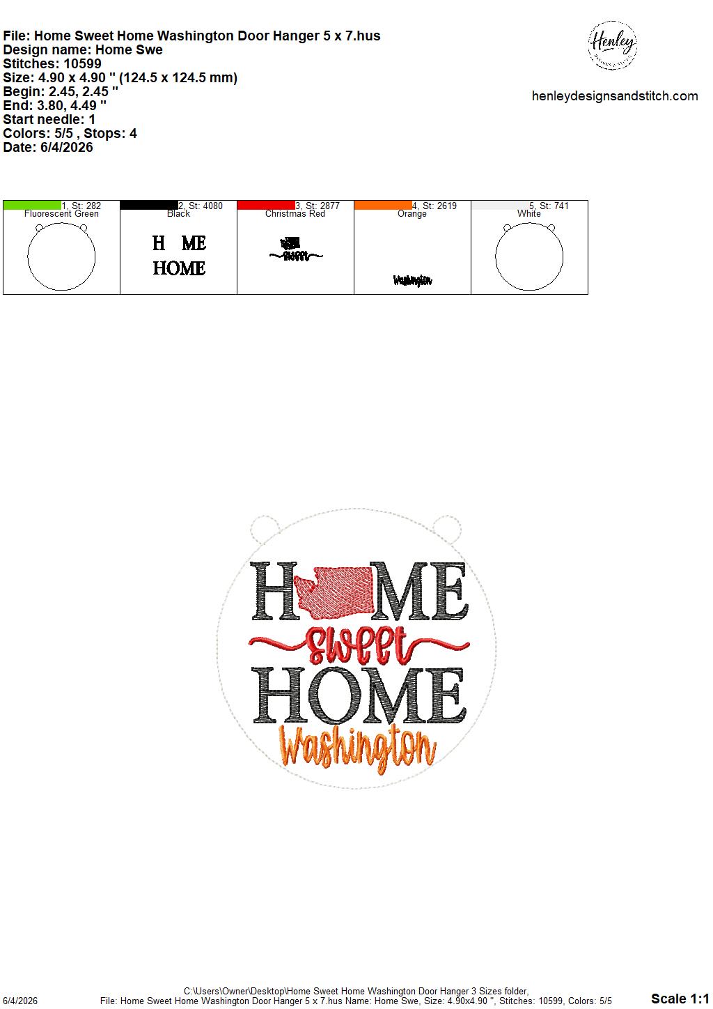 Home Sweet Home – Washington – DOOR HANGER – 5 x 7, 8 x 8, and 6 x 10 In The Hoop – DIGITAL Embroidery DESIGN