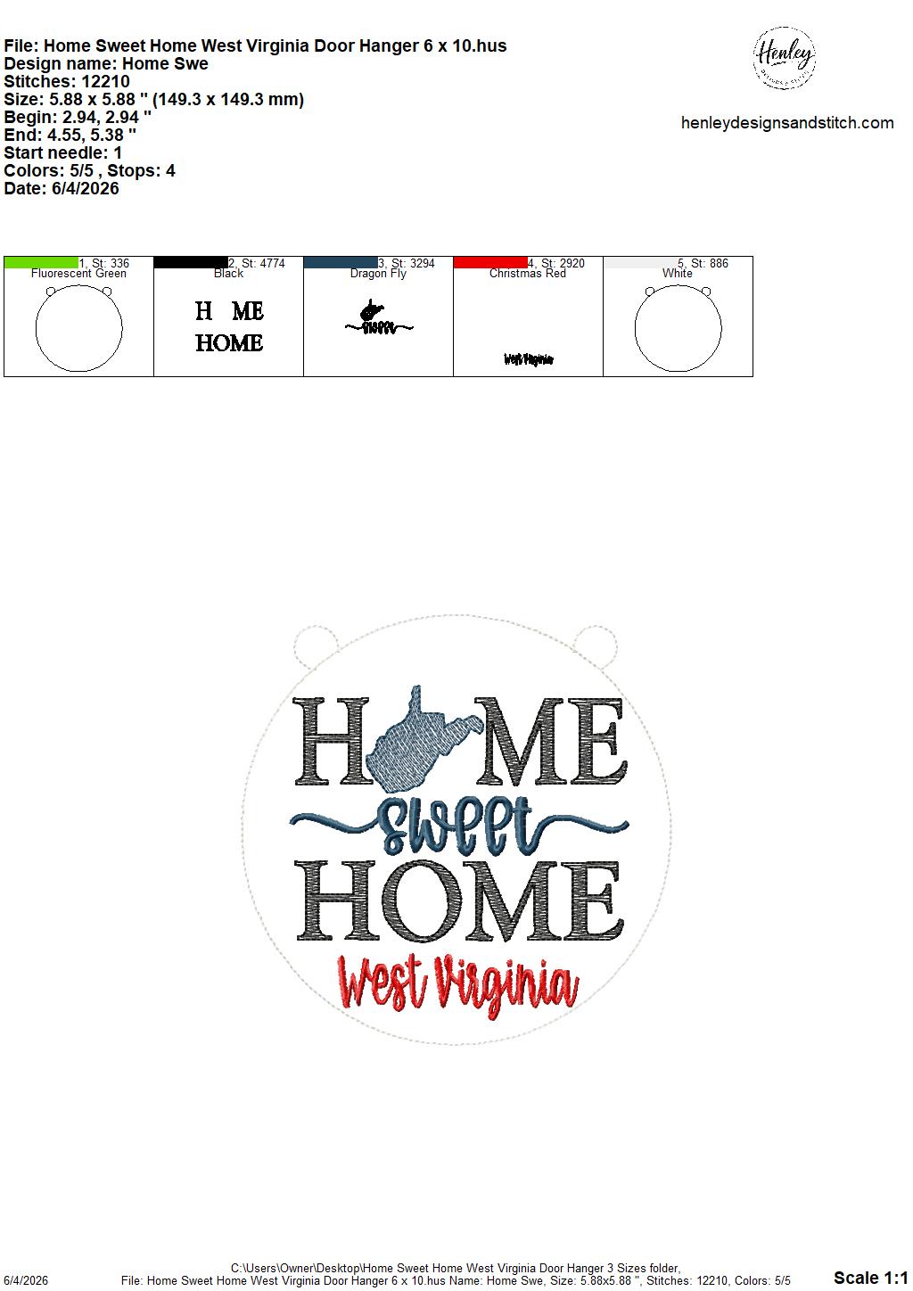 Home Sweet Home – West Virginia – DOOR HANGER – 5 x 7, 8 x 8, and 6 x 10 In The Hoop – DIGITAL Embroidery DESIGN