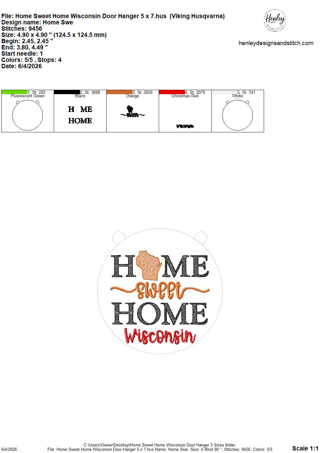 Home Sweet Home – Wisconsin – DOOR HANGER – 5 x 7, 8 x 8, and 6 x 10 In The Hoop – DIGITAL Embroidery DESIGN