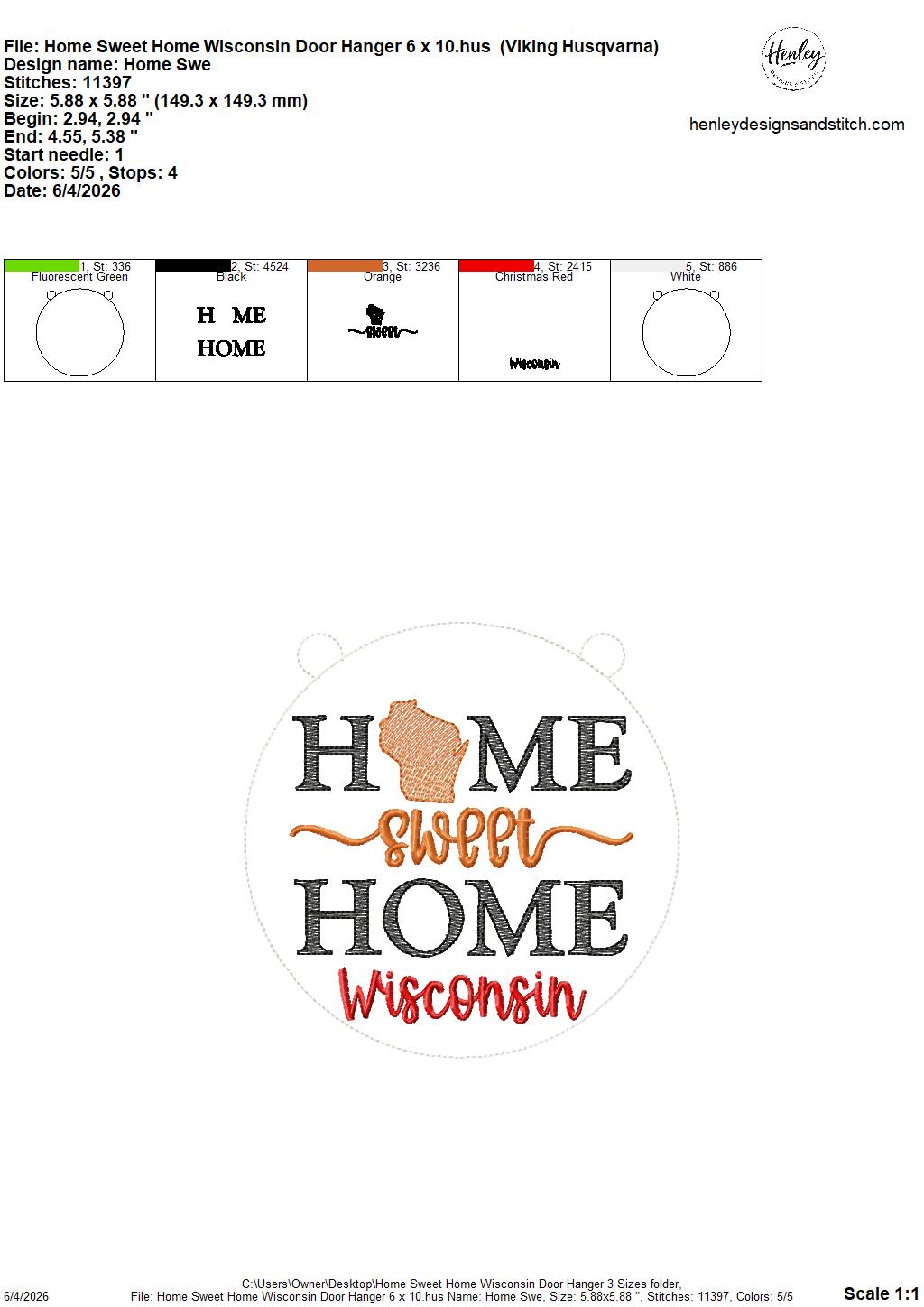 Home Sweet Home – Wisconsin – DOOR HANGER – 5 x 7, 8 x 8, and 6 x 10 In The Hoop – DIGITAL Embroidery DESIGN