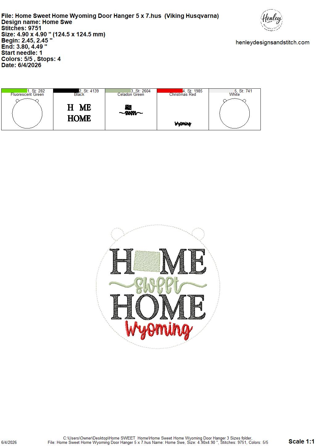 Home Sweet Home – Wyoming – DOOR HANGER – 5 x 7, 8 x 8, and 6 x 10 In The Hoop – DIGITAL Embroidery DESIGN