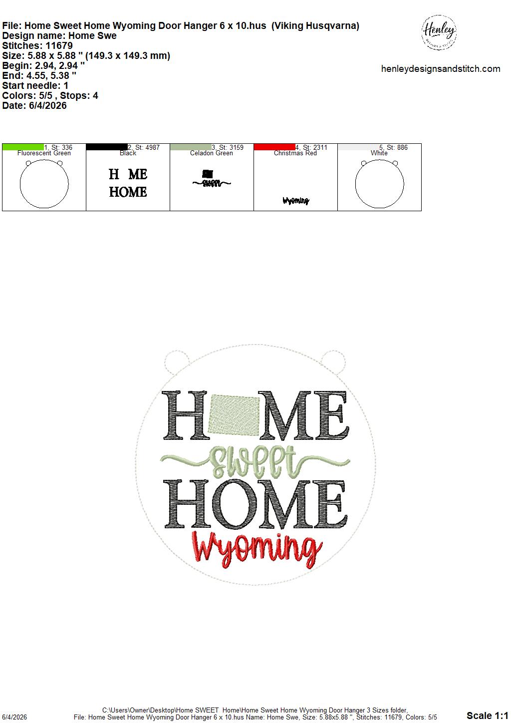Home Sweet Home – Wyoming – DOOR HANGER – 5 x 7, 8 x 8, and 6 x 10 In The Hoop – DIGITAL Embroidery DESIGN