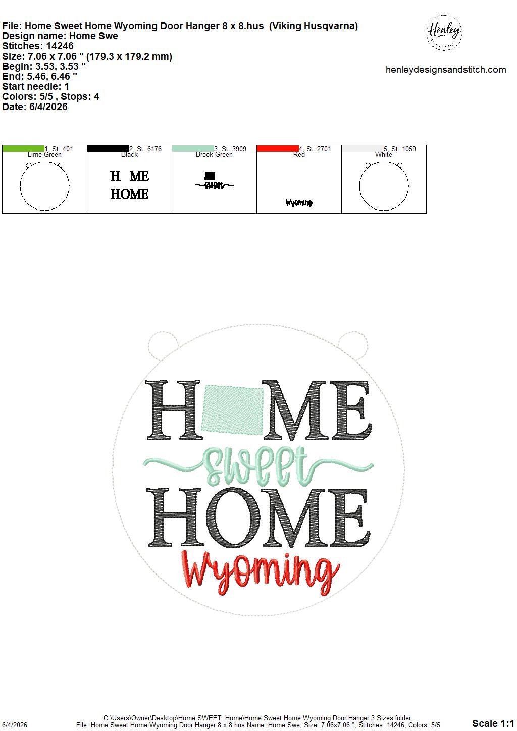 Home Sweet Home – Wyoming – DOOR HANGER – 5 x 7, 8 x 8, and 6 x 10 In The Hoop – DIGITAL Embroidery DESIGN