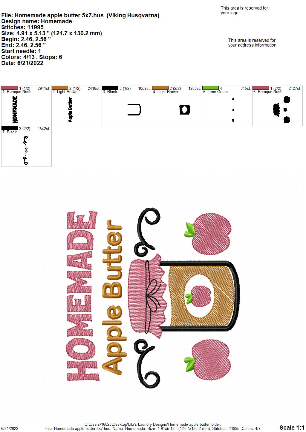 Homemade Apple Butter - 3 sizes- Digital Embroidery Design