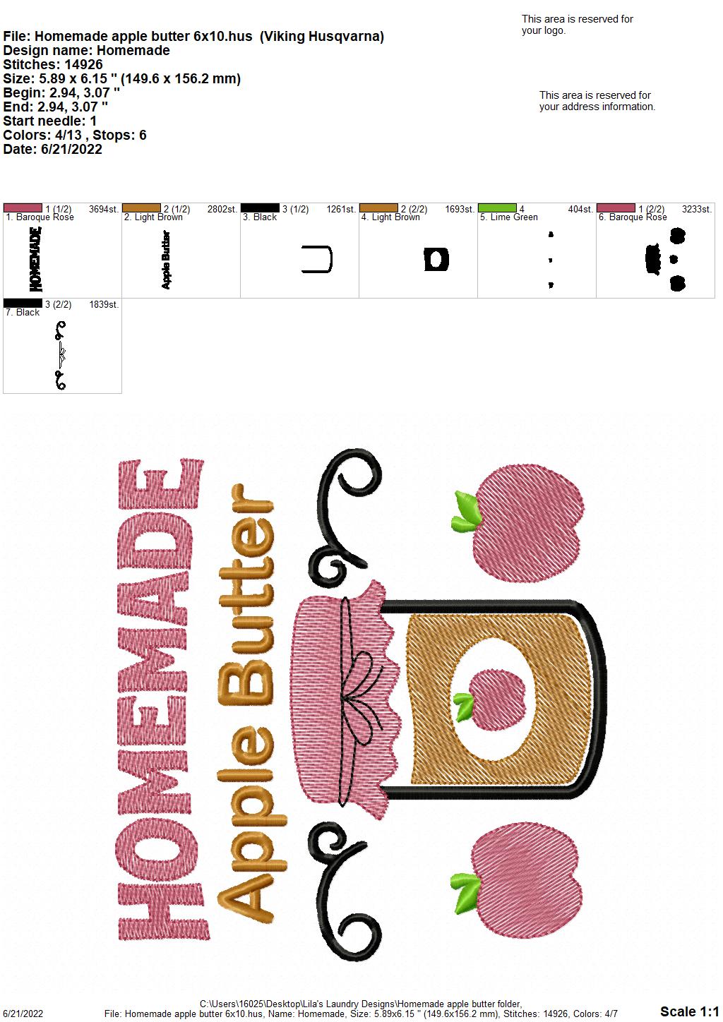 Homemade Apple Butter - 3 sizes- Digital Embroidery Design