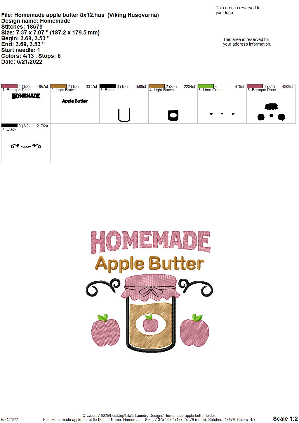 Homemade Apple Butter - 3 sizes- Digital Embroidery Design