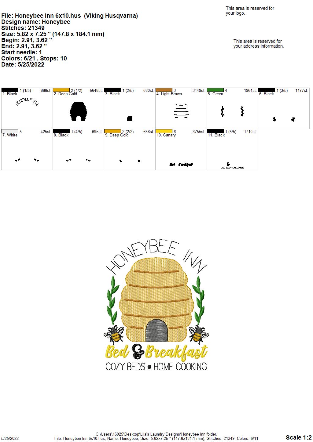 Honeybee Inn - 3 sizes- Digital Embroidery Design