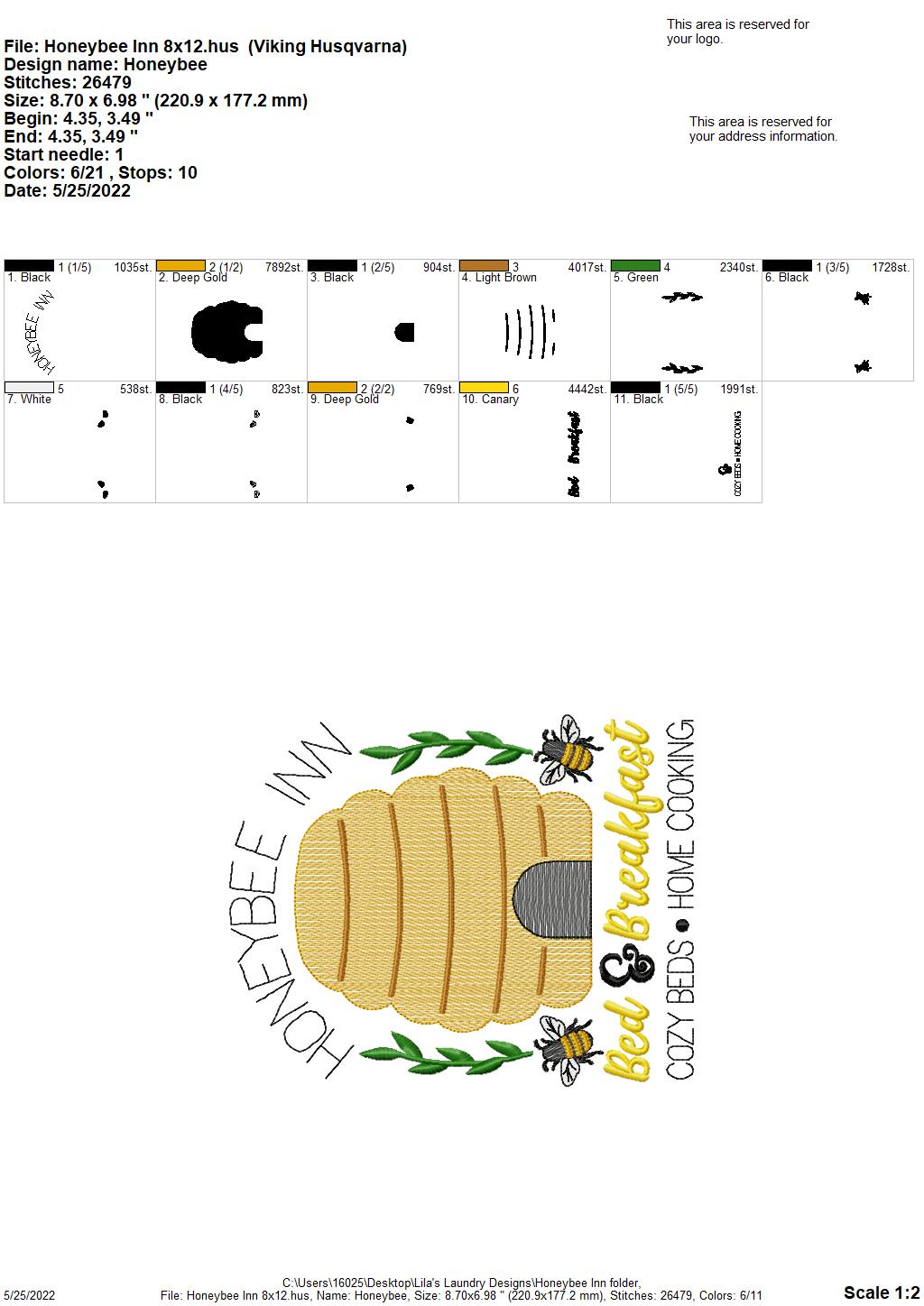 Honeybee Inn - 3 sizes- Digital Embroidery Design