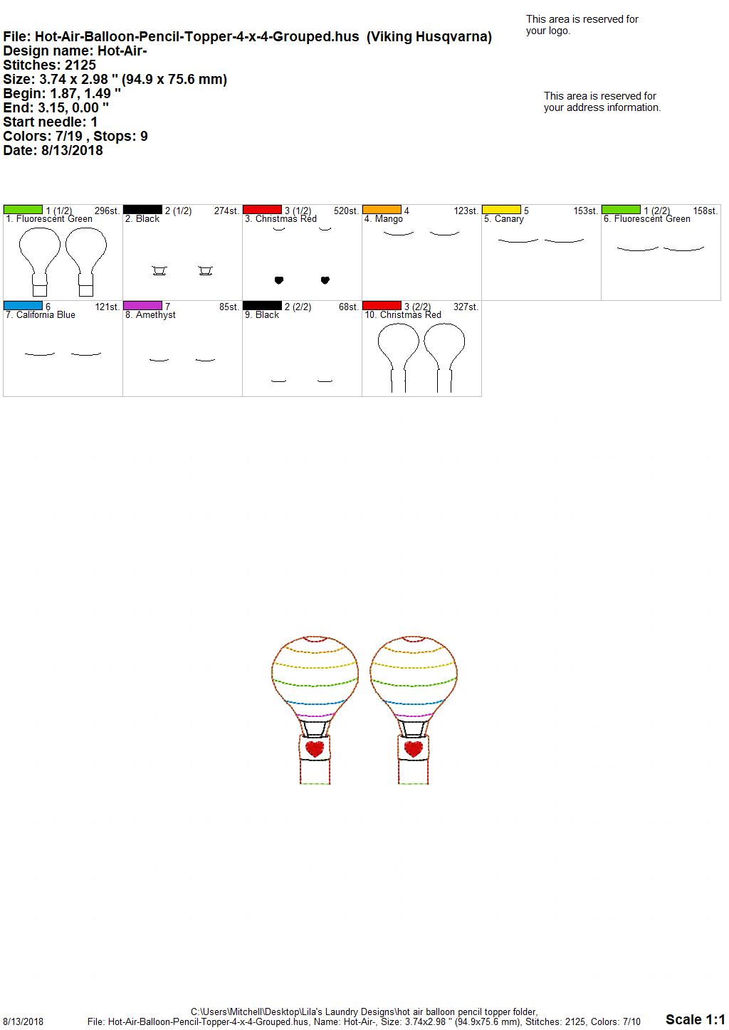 Hot Air Balloon Pencil Toppers - Digital Embroidery Design