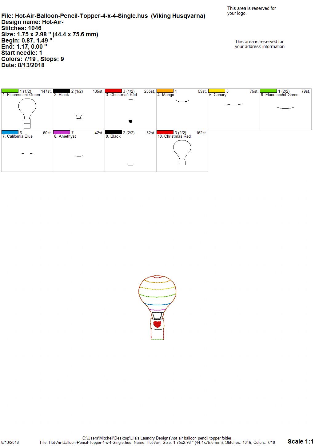 Hot Air Balloon Pencil Toppers - Digital Embroidery Design