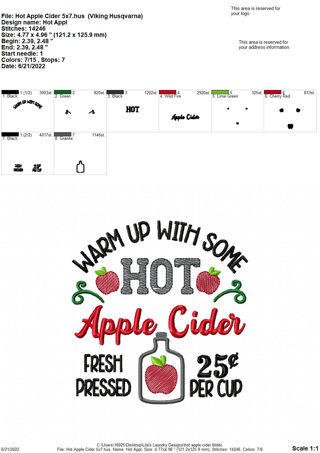 Hot Apple Cider - 3 sizes- Digital Embroidery Design