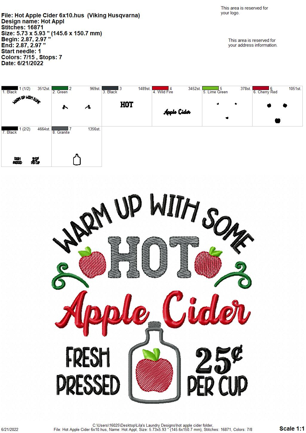 Hot Apple Cider - 3 sizes- Digital Embroidery Design