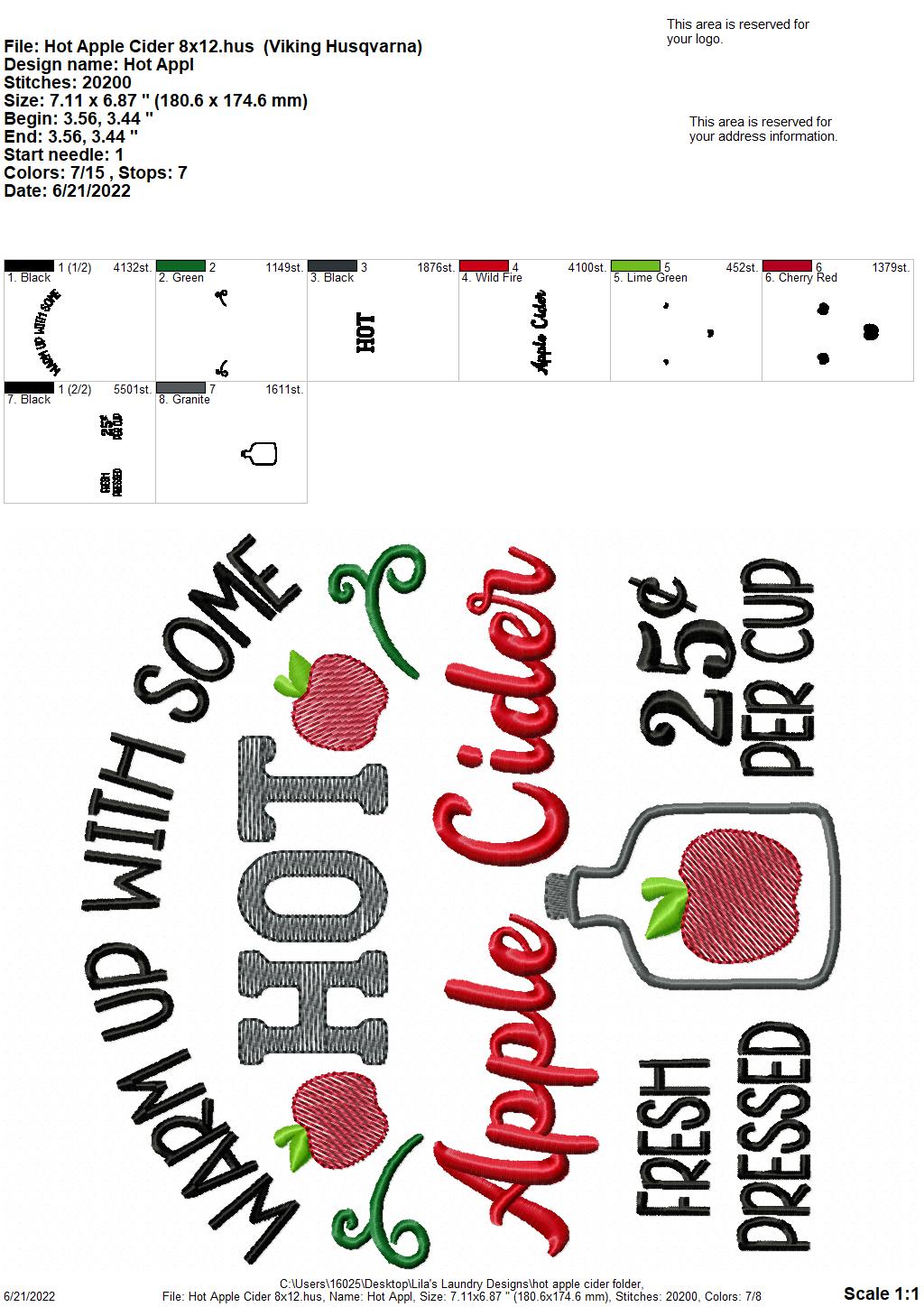 Hot Apple Cider - 3 sizes- Digital Embroidery Design