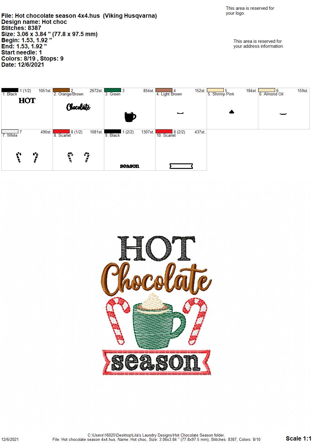 Hot Chocolate Season - 4 sizes- Digital Embroidery Design