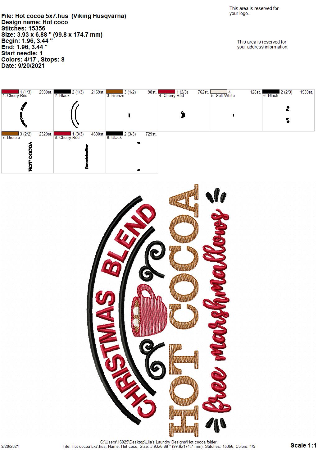 Hot Cocoa - 3 sizes- Digital Embroidery Design