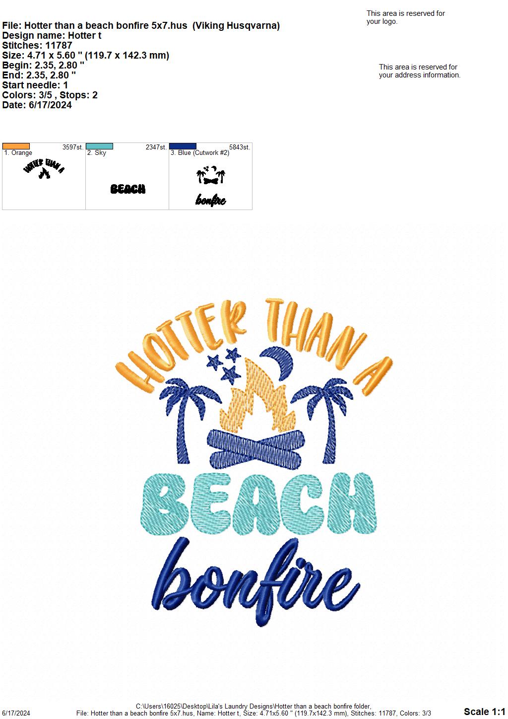 Hotter Than a Beach Bonfire - 3 Sizes - Digital Embroidery Design
