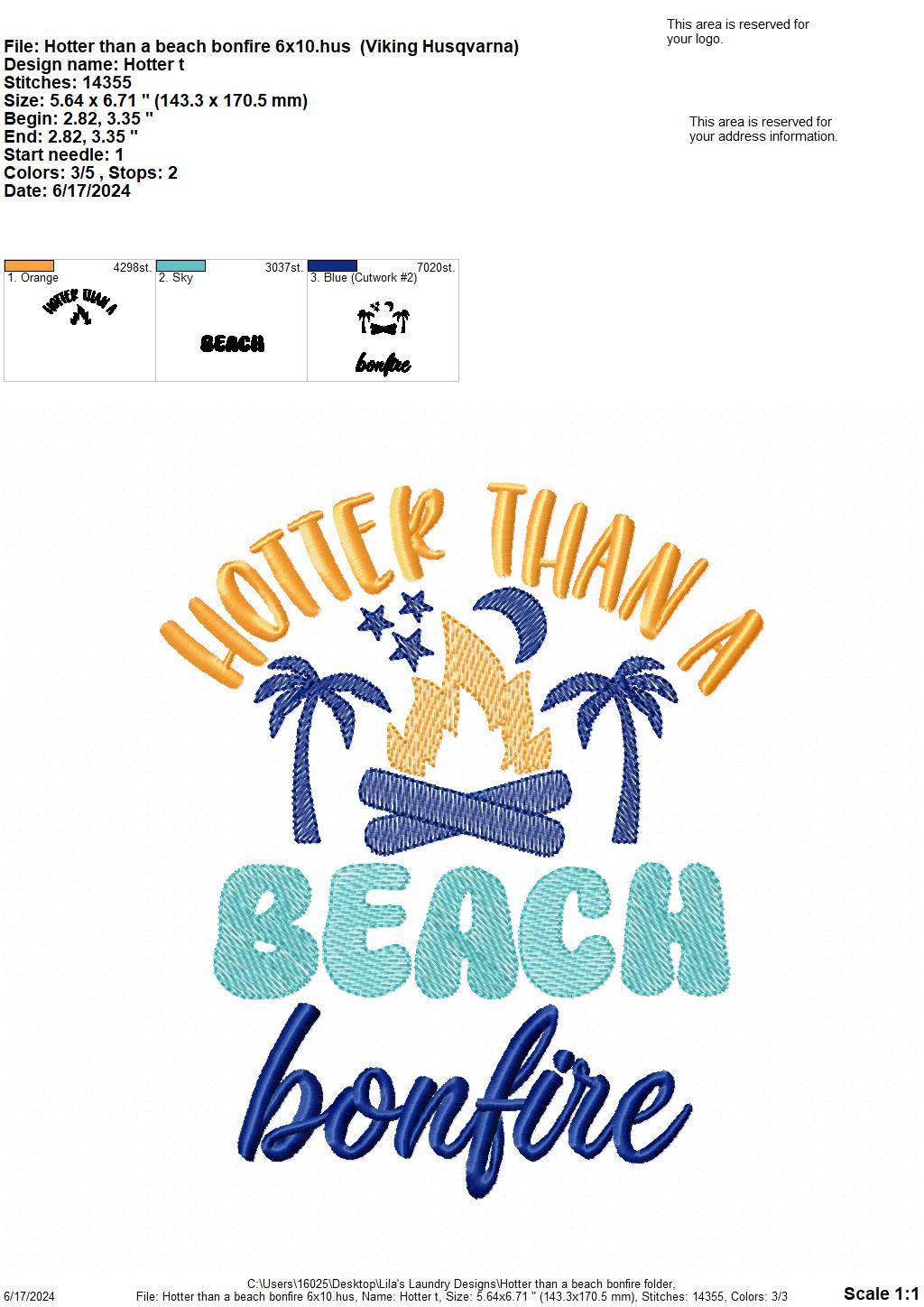 Hotter Than a Beach Bonfire - 3 Sizes - Digital Embroidery Design