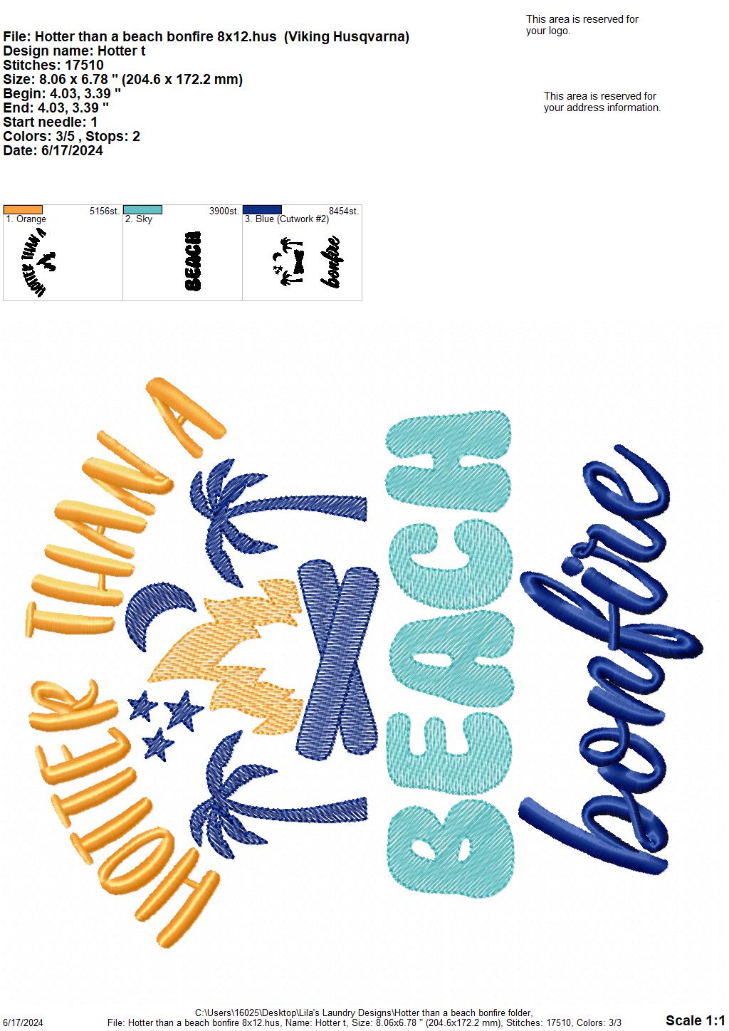 Hotter Than a Beach Bonfire - 3 Sizes - Digital Embroidery Design