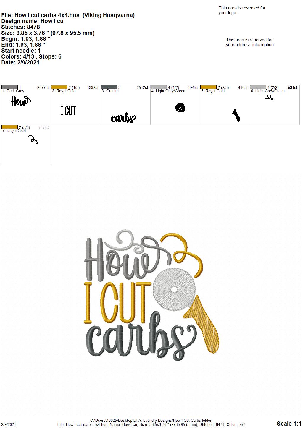 How I Cut Carbs - 3 sizes- Digital Embroidery Design