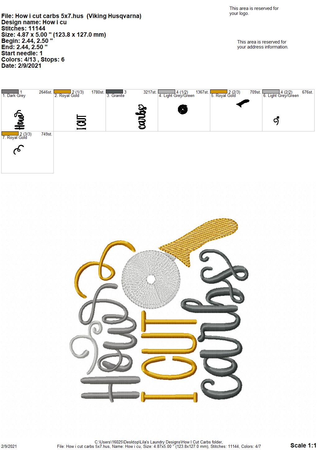 How I Cut Carbs - 3 sizes- Digital Embroidery Design