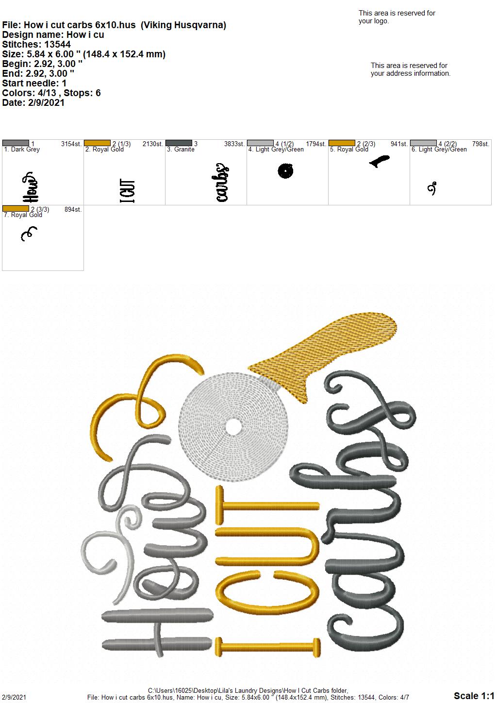 How I Cut Carbs - 3 sizes- Digital Embroidery Design