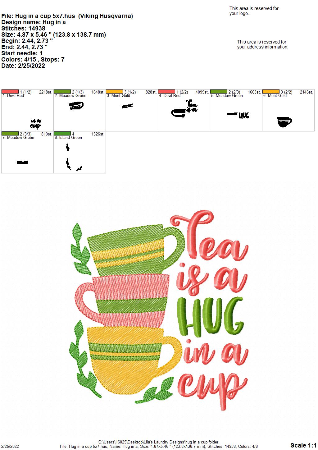 Hug in a Cup - 3 sizes- Digital Embroidery Design