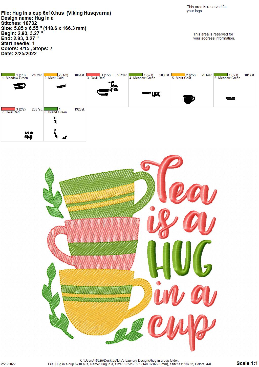 Hug in a Cup - 3 sizes- Digital Embroidery Design